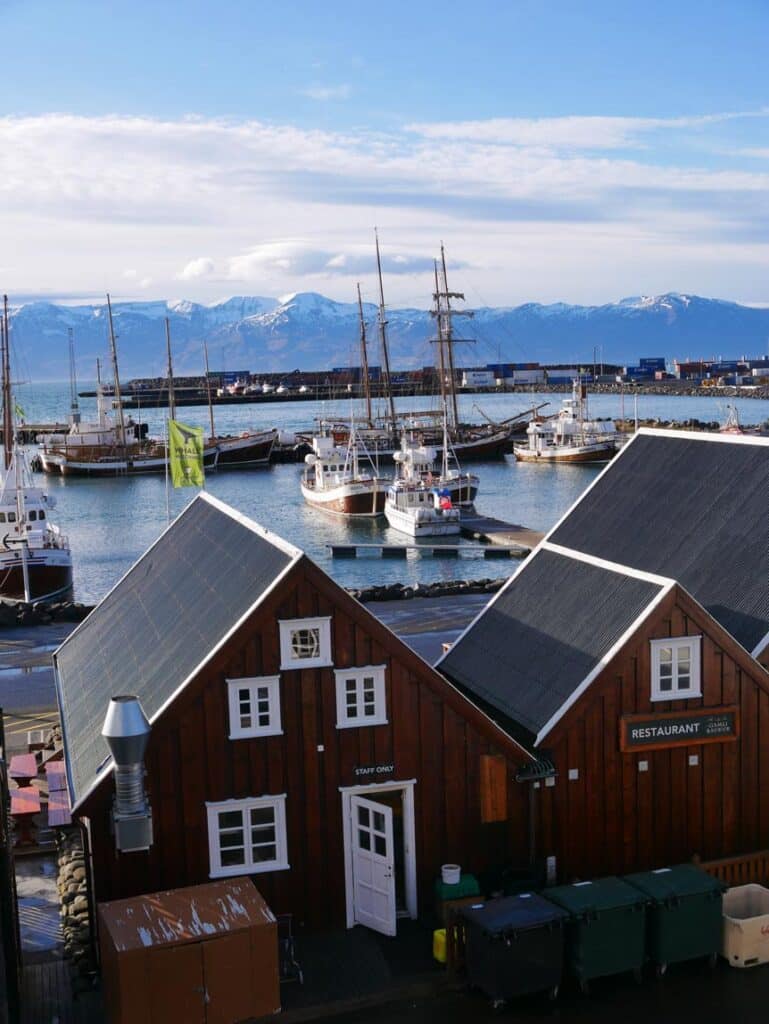 fischerhaeuser-im-vordergrund-dahinter-hafen-mit-fischerbooten-in-akureyri